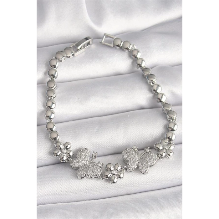 Pirinç Gümüş Renk Zirkon Taşlı Kelebek Figür Çiçek Zincir Model Kadın Bileklik