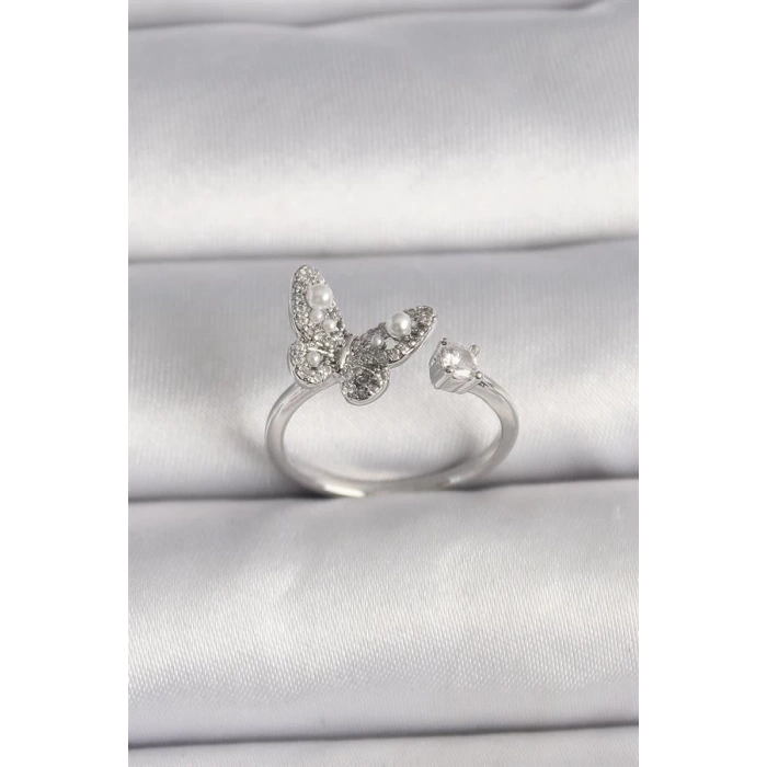 Pirinç Gümüş Renk Zirkon Taşlı Kelebek Model İnci Detay Ayarlanabilir Yüzük