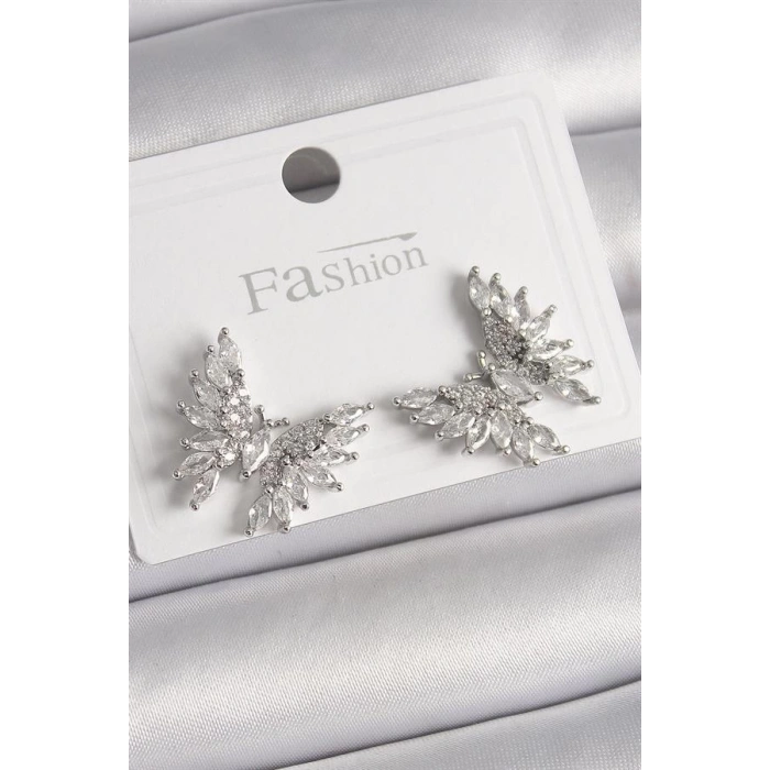 Pirinç Gümüş Renk Zirkon Taşlı Kelebek Model Kadın Küpe