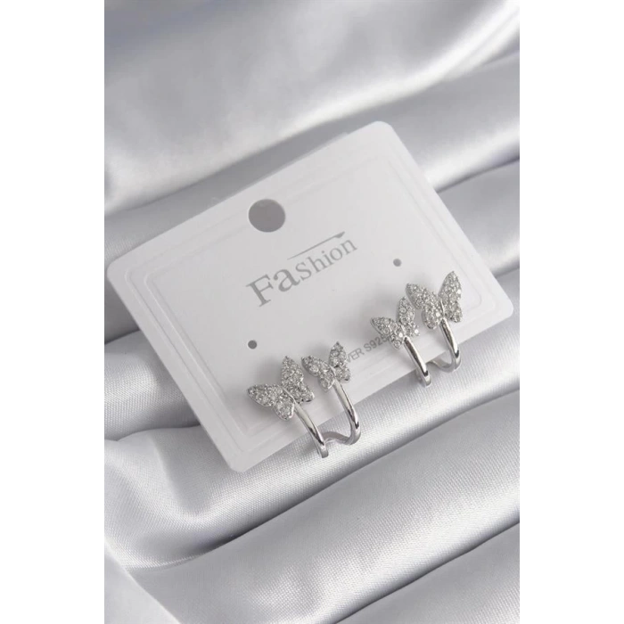 Pirinç Gümüş Renk Zirkon Taşlı Kelebek Model Kadın Küpe