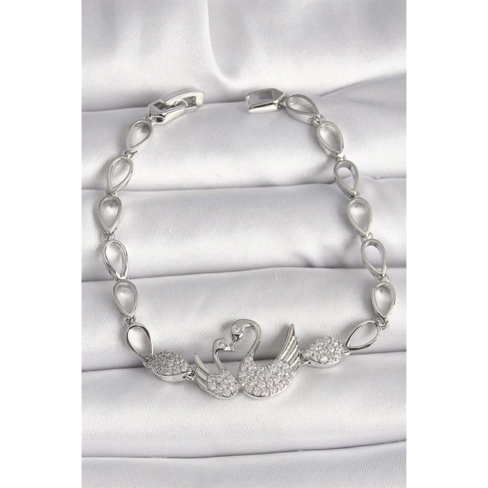 Pirinç Gümüş Renk Zirkon Taşlı Kuğu Figür Damla Zincir Model Kadın Bileklik