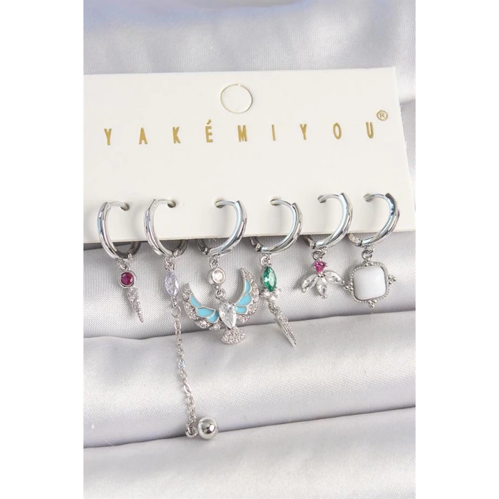 Pirinç Gümüş Renk Zirkon Taşlı Kuş Figür Çiçek Detay 6Lı Kadın Kombin Küpe