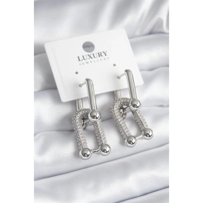 Pirinç Gümüş Renk Zirkon Taşlı Model VIP Seri Kadın Küpe