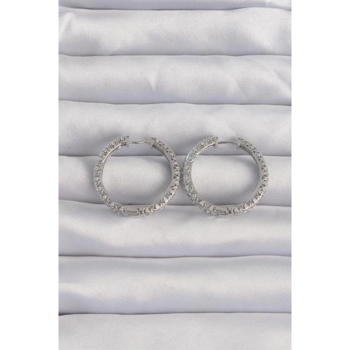 Pirinç Gümüş Renk Zirkon Taşlı Motifli Halka Küpe