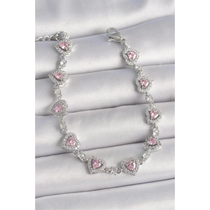 Pirinç Gümüş Renk Zirkon Taşlı Pembe Kalp Model VIP Seri Kadın Bileklik