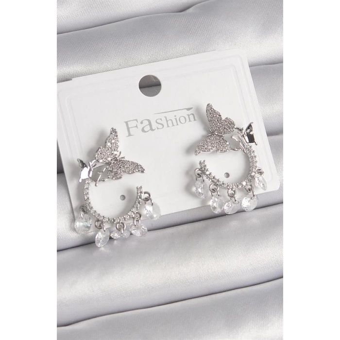 Pirinç Gümüş Renk Zirkon Taşlı Sallantı Detay Kelebek Model Kadın Küpe