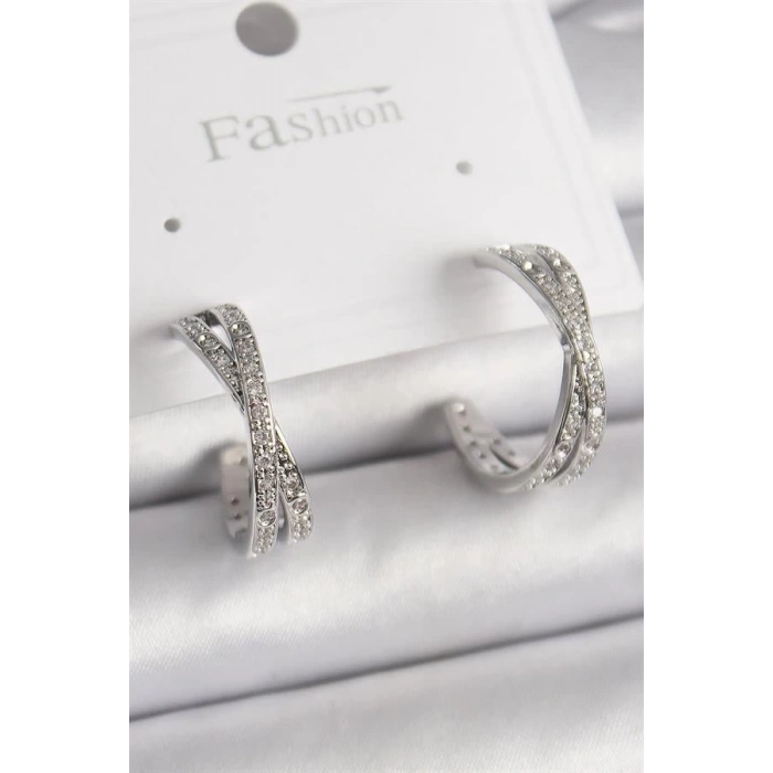 Pirinç Gümüş Renk Zirkon Taşlı Sarmal Halka Model Kadın Küpe