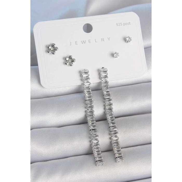 Pirinç Gümüş Renk Zirkon Taşlı Su Yolu Model Çiçek Detay 925 Ayar Gümüş Çivi Kadın Küpe Seti