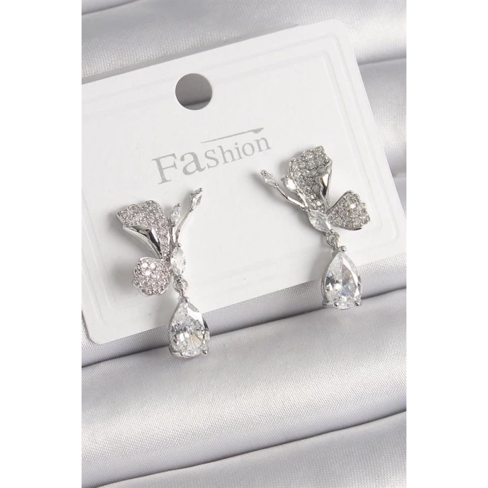 Pirinç Gümüş Renk Zirkon Taşlı Turna Kuşu Model Sallantı Detay Kadın Küpe