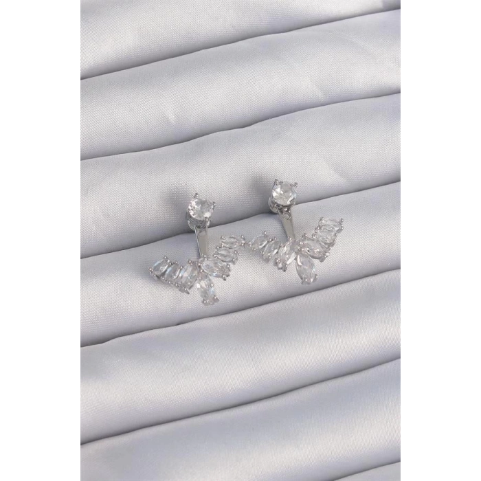 Pirinç Gümüş Renk Zirkon Taşlı V Model Küpe