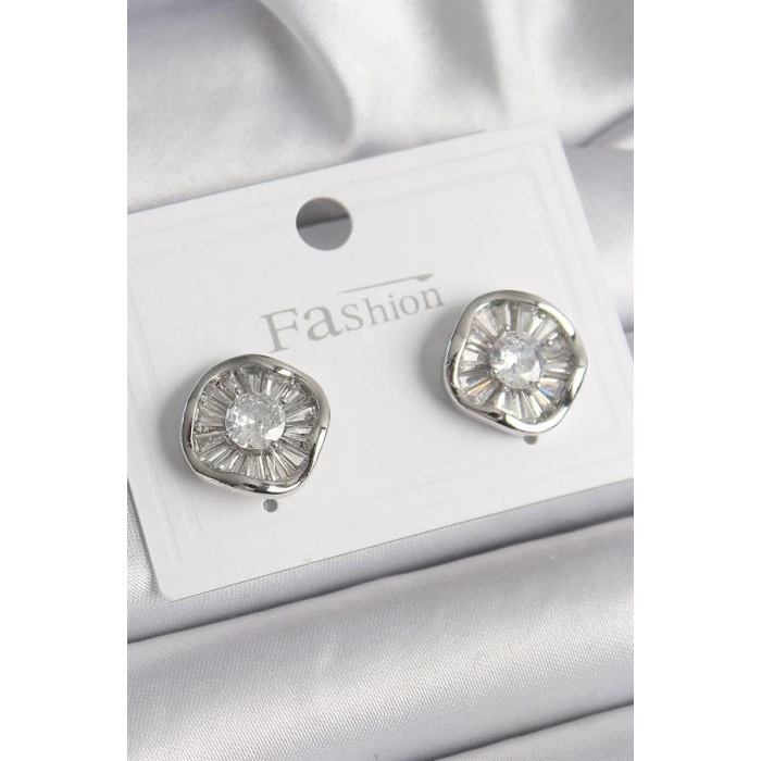 Pirinç Gümüş Renk Zirkon Taşlı Yonca Model Kadın Küpe