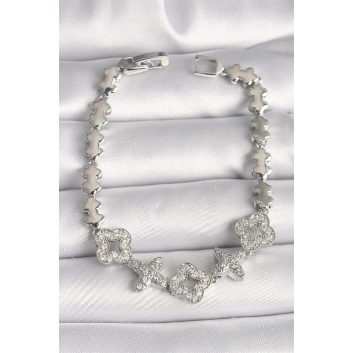 Pirinç Gümüş Renk Zirkon Taşlı Yonca Yıldız Model Kadın Bileklik