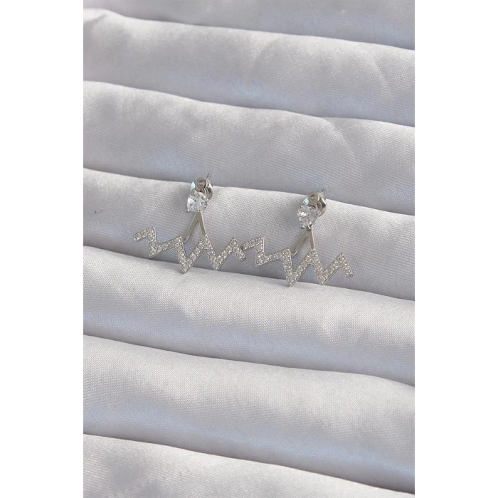 Pirinç Gümüş Renk Zirkon Taşlı Zikzak Küpe