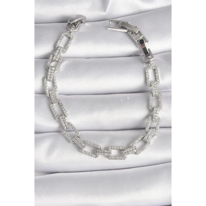 Pirinç Gümüş Renk Zirkon Taşlı Zincir Model VIP Seri Kadın Bileklik