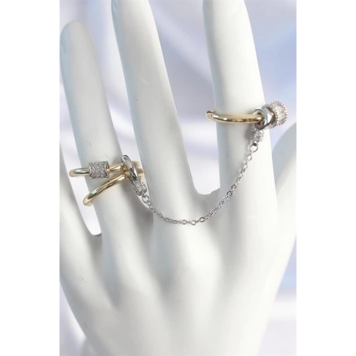 Pirinç Mix Renk Zirkon Taşlı Zincir Kadın Yüzük Seti