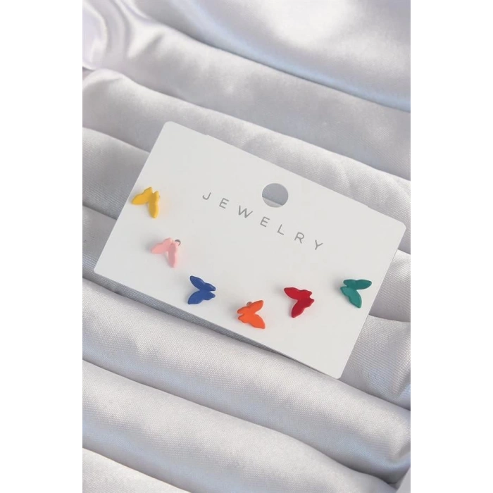 Pirinç Rengarenk Mineli Minimal Kelebek Küpe Seti