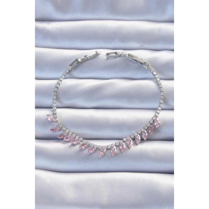 Pirinç Vip Seri Gümüş Renk Pembe Zirkon Taşlı Bileklik