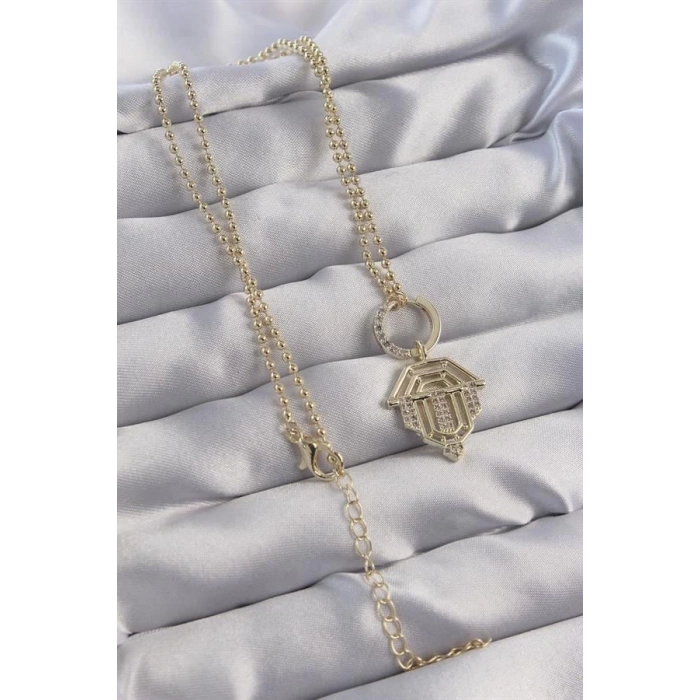 Pirinç Zirkon Taşlı Gold Renk Oval Detaylı Serenay Kolyesi