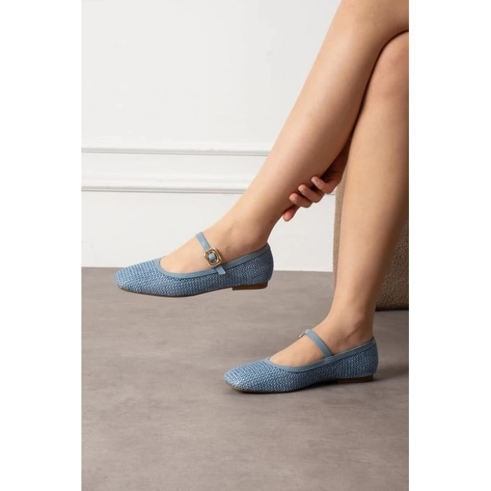 Rives Mavi Cilt Hasır Dokumalı Babet Ayakkabı