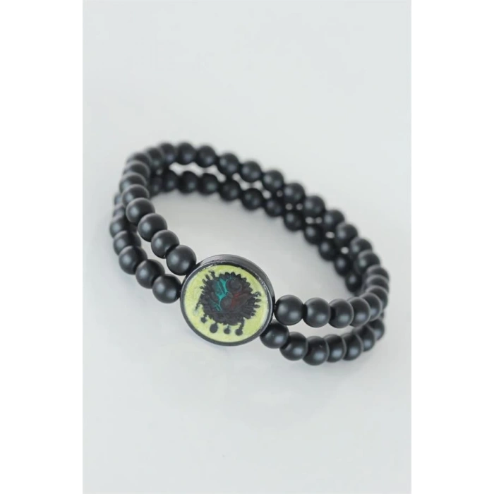 Sarı Renkli Metal Üzerine Osmanlı Arma Figürlü Siyah Renk Çift Sıra Doğal Taş Erkek Bileklik