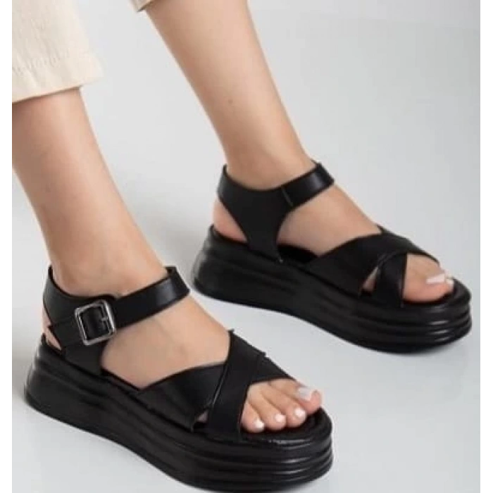 Sibna Siyah Cilt Kemerli Sandalet