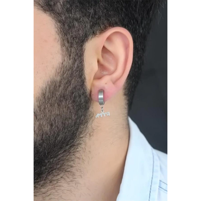 Silver Renk Kaplama Göktürkçe Yazı Figürlü Çelik Kıstırmalı Erkek Küpe