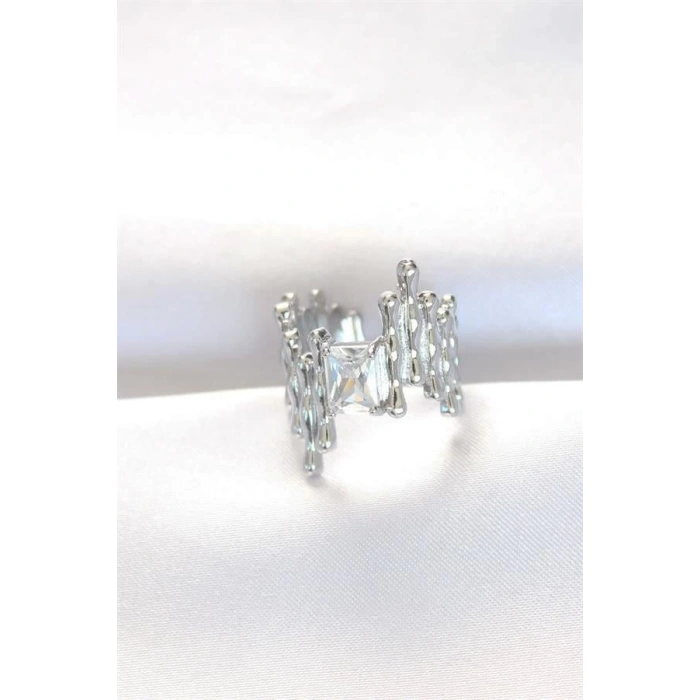 Silver Renk Tırtıklı Kalın Baget Taş Tasarım Ayarlanabilir Yüzük