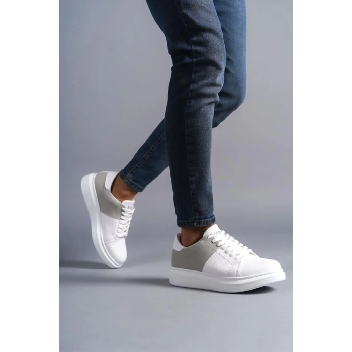 SLW151 Boost Bağcıklı Cilt Süet Erkek Günlük Sneaker Ayakkabı BT - Beyaz/Gri