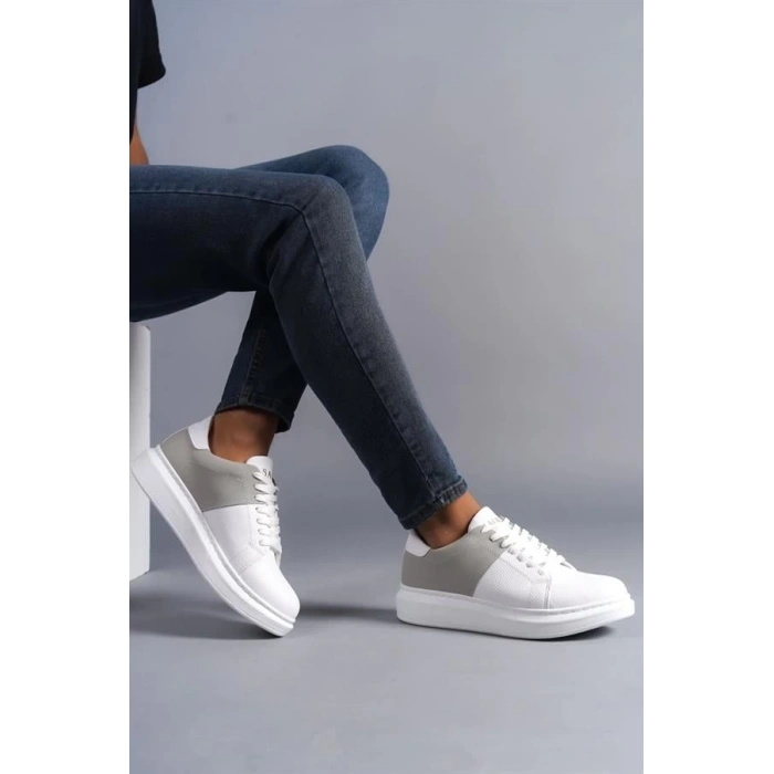 SLW151 Boost Bağcıklı Cilt Süet Erkek Günlük Sneaker Ayakkabı BT - Beyaz/Gri