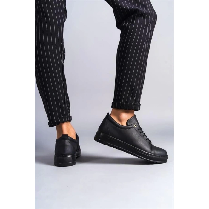 SLW152 Cool Bağcıklı Cilt Erkek Günlük Spor Klasik Ayakkabı ST - Siyah