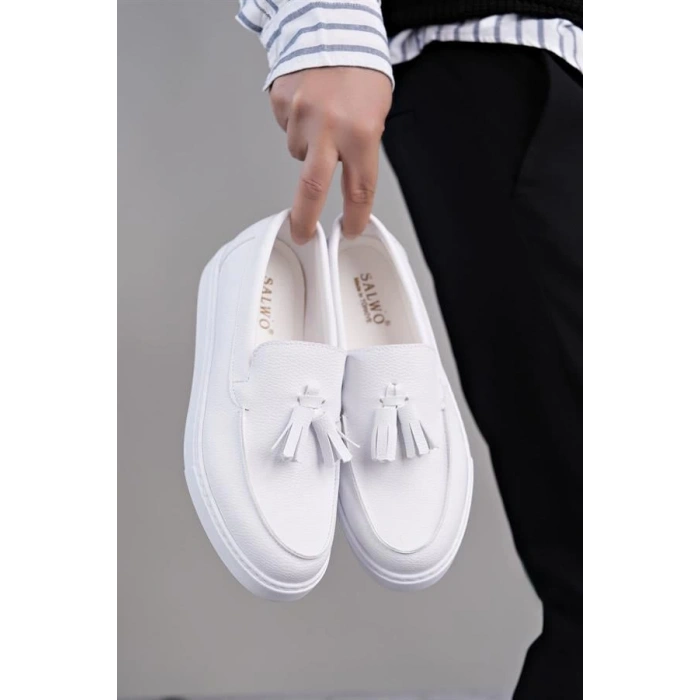 SLW153 Bloom Bağcıksız Püsküllü Cilt Erkek Günlük Spor Klasik Ayakkabı CBT - Beyaz