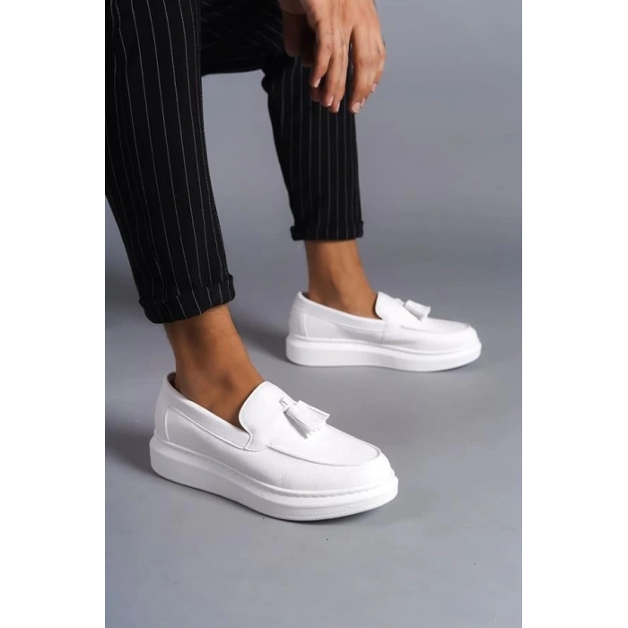 SLW154 Blaze Bağcıksız Püsküllü Cilt Erkek Günlük Spor Klasik Ayakkabı BT - Beyaz