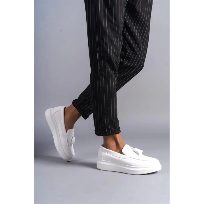 SLW154 Blaze Bağcıksız Püsküllü Cilt Erkek Günlük Spor Klasik Ayakkabı BT - Beyaz