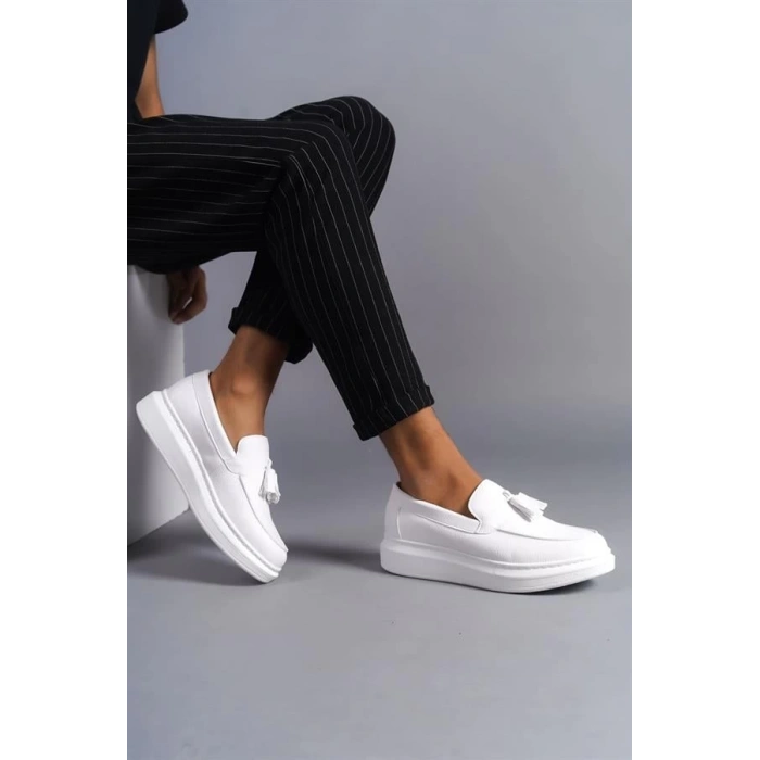 SLW154 Blaze Bağcıksız Püsküllü Cilt Erkek Günlük Spor Klasik Ayakkabı BT - Beyaz