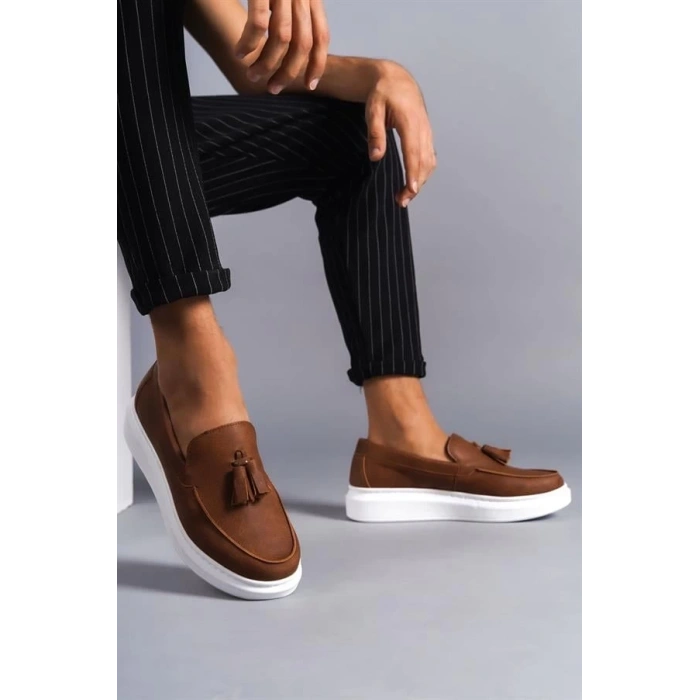 SLW154 Blaze Bağcıksız Püsküllü Cilt Erkek Günlük Spor Klasik Ayakkabı BT - Taba