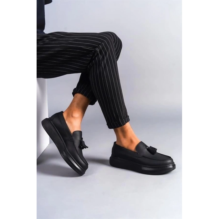 SLW154 Blaze Bağcıksız Püsküllü Cilt Erkek Günlük Spor Klasik Ayakkabı ST - Siyah