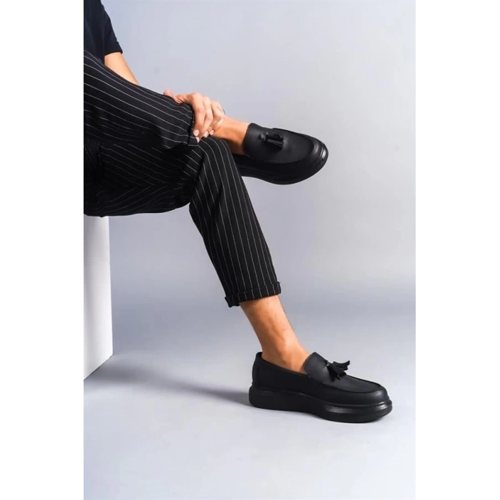 SLW154 Blaze Bağcıksız Püsküllü Cilt Erkek Günlük Spor Klasik Ayakkabı ST - Siyah