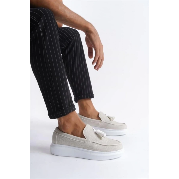 SLW154 Blaze Bağcıksız Püsküllü Keten Erkek Günlük Spor Klasik Ayakkabı BT - Beyaz