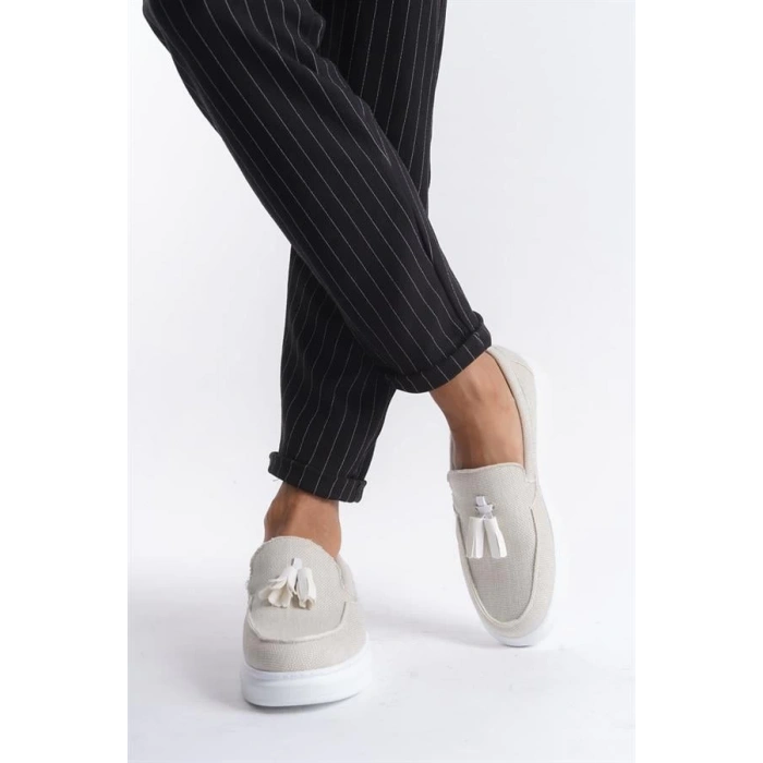 SLW154 Blaze Bağcıksız Püsküllü Keten Erkek Günlük Spor Klasik Ayakkabı BT - Beyaz