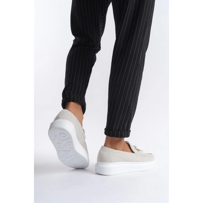 SLW154 Blaze Bağcıksız Püsküllü Keten Erkek Günlük Spor Klasik Ayakkabı BT - Beyaz