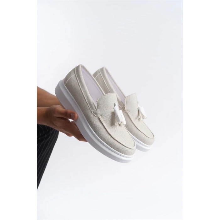 SLW154 Blaze Bağcıksız Püsküllü Keten Erkek Günlük Spor Klasik Ayakkabı BT - Beyaz