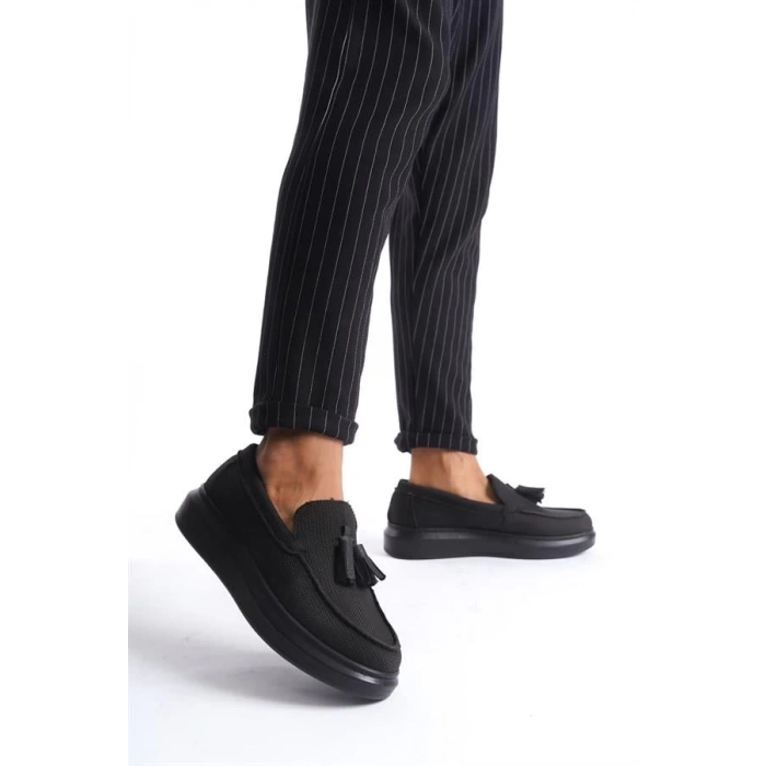 SLW154 Blaze Bağcıksız Püsküllü Keten Erkek Günlük Spor Klasik Ayakkabı ST - Siyah