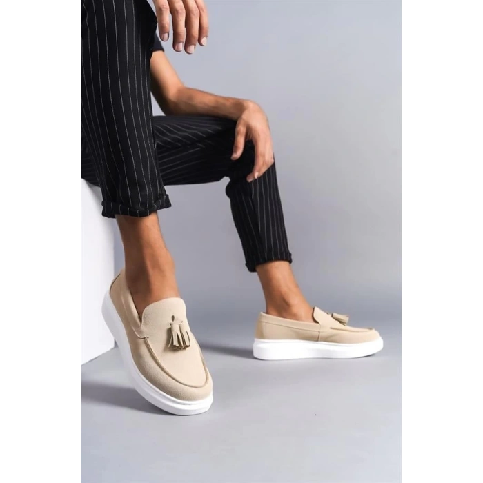SLW154 Blaze Bağcıksız Püsküllü Süet Erkek Günlük Spor Klasik Ayakkabı BT - Krem