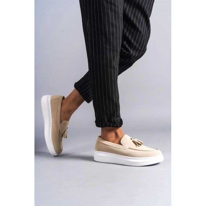 SLW154 Blaze Bağcıksız Püsküllü Süet Erkek Günlük Spor Klasik Ayakkabı BT - Krem
