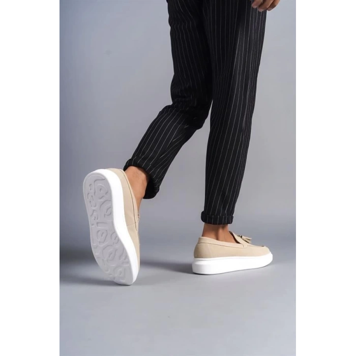 SLW154 Blaze Bağcıksız Püsküllü Süet Erkek Günlük Spor Klasik Ayakkabı BT - Krem