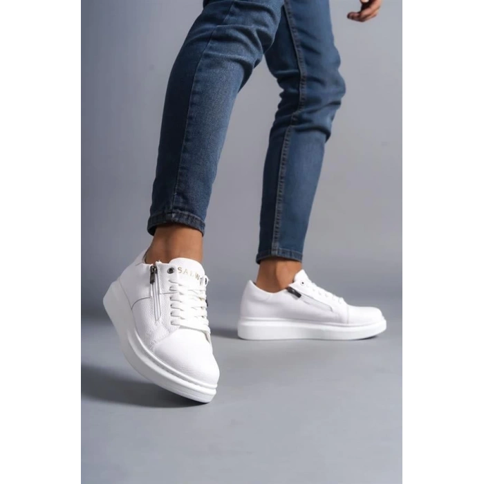 SLW155 Warrior Bağcıklı ve Fermuarlı Cilt Erkek Günlük Sneaker Ayakkabı BT - Beyaz