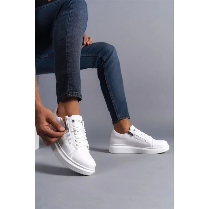 SLW155 Warrior Bağcıklı ve Fermuarlı Cilt Erkek Günlük Sneaker Ayakkabı BT - Beyaz