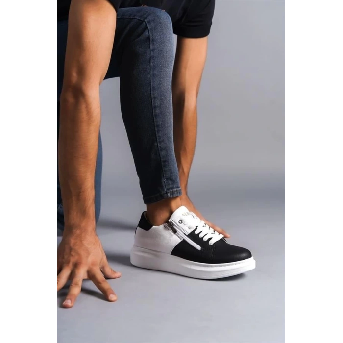 SLW155 Warrior Bağcıklı ve Fermuarlı Cilt Erkek Günlük Sneaker Ayakkabı BT - Beyaz/Siyah