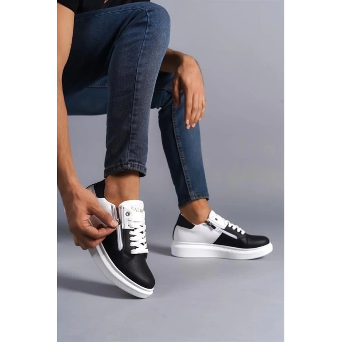 SLW155 Warrior Bağcıklı ve Fermuarlı Cilt Erkek Günlük Sneaker Ayakkabı BT - Beyaz/Siyah