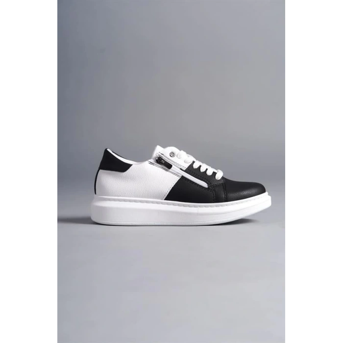 SLW155 Warrior Bağcıklı ve Fermuarlı Cilt Erkek Günlük Sneaker Ayakkabı BT - Beyaz/Siyah